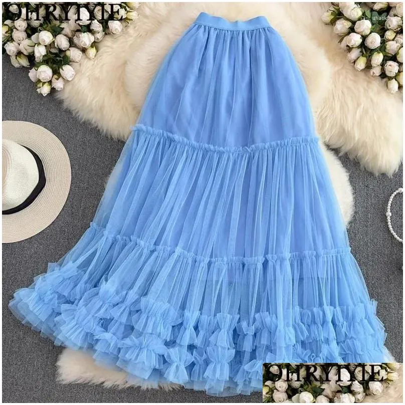 Skirts Fashionable Tiered Maxi Tulle Skirt For Women Blue Floor-Length A-Line Female 92CM Lengthen Long Tutu Summer 2024
