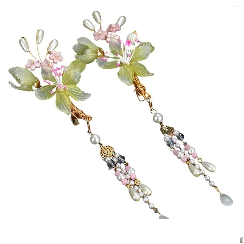 Hair Accessories Girl`s Hanfu Side Clips 2 Pieces Glaze Flower Weaving Jewelry With Tassel For Gown Dress Hairstyle Making Tools