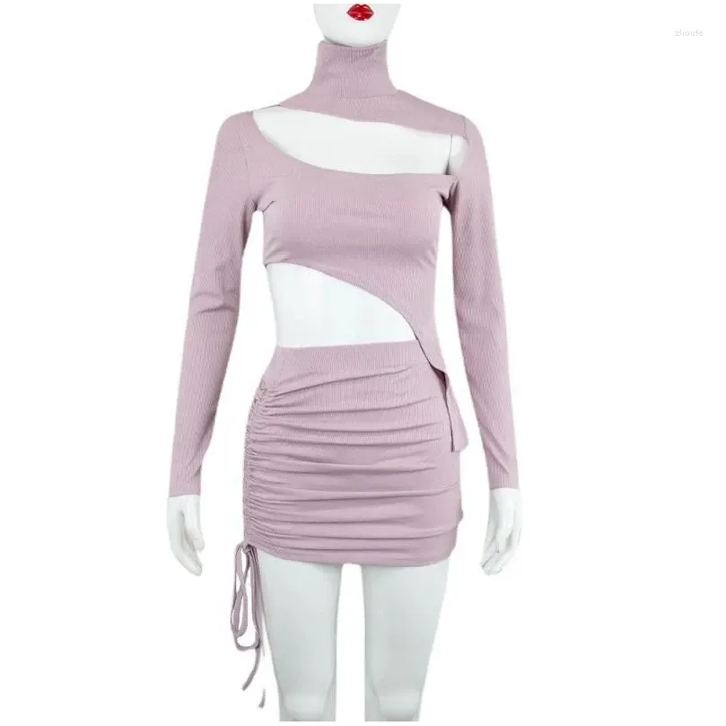 Work Dresses Spring Sexy Two Piece Set Women Clothing Bodycon Club Outfits For Turtleneck Hollow Out Crop Top Drawstring Mini Skirt