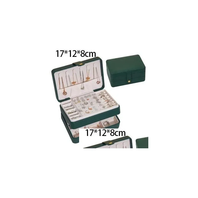 Jewelry Boxes Box 3-Layers Green Stud Organizer Large Ring Necklace Makeup Holder Case Veet With Lock For Drop Delivery Dhllt