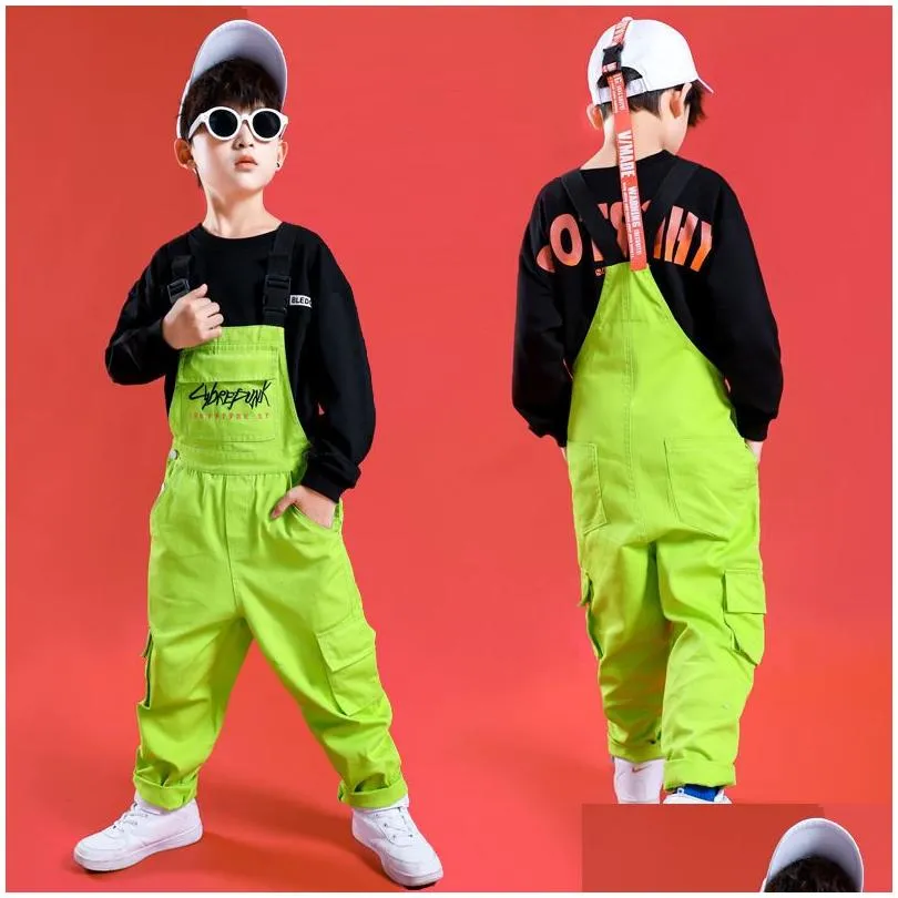 Dancewear Hip Hop Jazz Dance Costumes Kids Long Sleeve Top Dungarees Boys Girls Hiphop Clothes Street Stage Show Wear 230330 Drop Del Dh35E