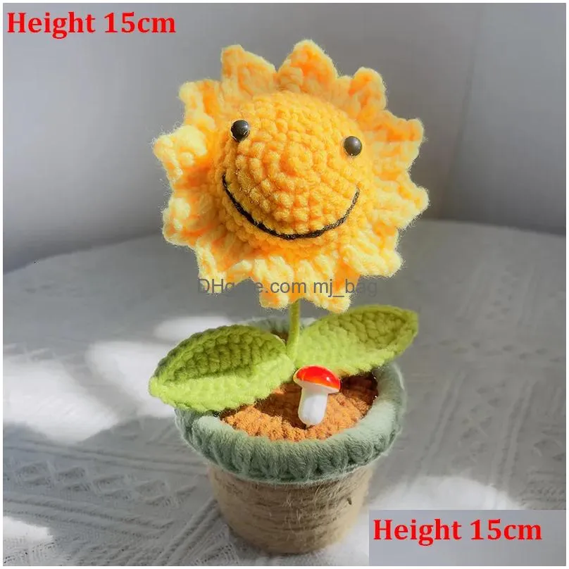 Faux Floral & Greenery Finished Homemade Cloghet Flower Hand Woven Sunflower Flowers Knitted Immortal Potted Bouquet Plant Gift Drop D Dhhe3