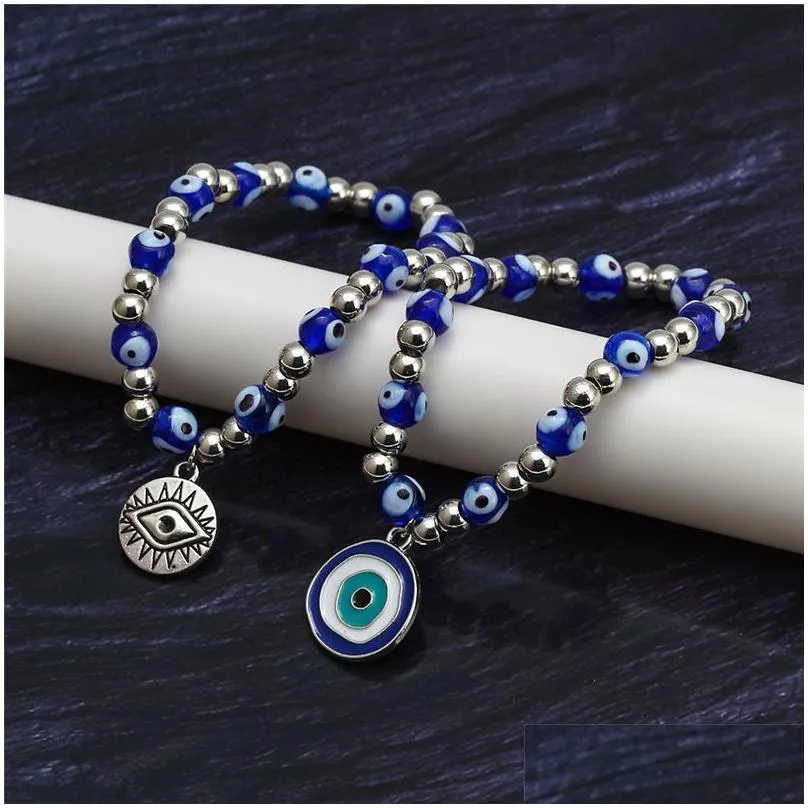 blue evil eyes beaded strands charm bracelets fashion stretch silver bead bracelet bangles lucky turkish pendant jewelry accessories for women men