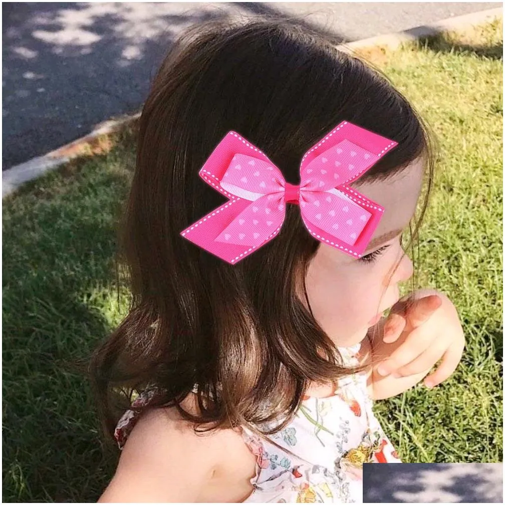 Baby Girls Barrettes Bronzing Heart Print Swallowtail Bow Whole Wrapped Safe Duckbill Clip Kids Valentine`s Day Bowknot Hairpins Hair Clips