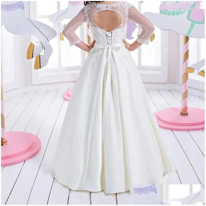 Girl`S Dresses Girl Elegant White Kids Flower For Wedding Lace 3/4 Long Sleeves Hollow Back First Communion 2-14 Drop Delivery Baby, M Dhcnh