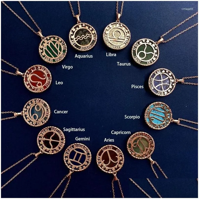 Pendant Necklaces 12 Zodiac Signs Creative Design Semi-Precious Stones Coin Long Necklace For Women Couple Jewelry Drop Delivery Dhrvq