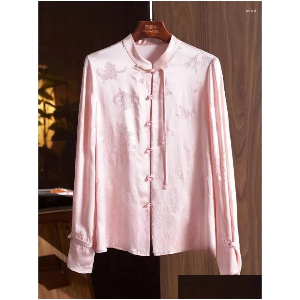 Women`s Blouses YCMYUNYAN-Satin Shirts For Women Silk Chinese Style Loose Long Sleeves Floral Tops Fashion Clothing Spring Summer