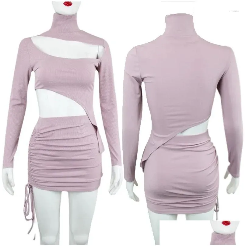 Work Dresses Spring Sexy Two Piece Set Women Clothing Bodycon Club Outfits For Turtleneck Hollow Out Crop Top Drawstring Mini Skirt