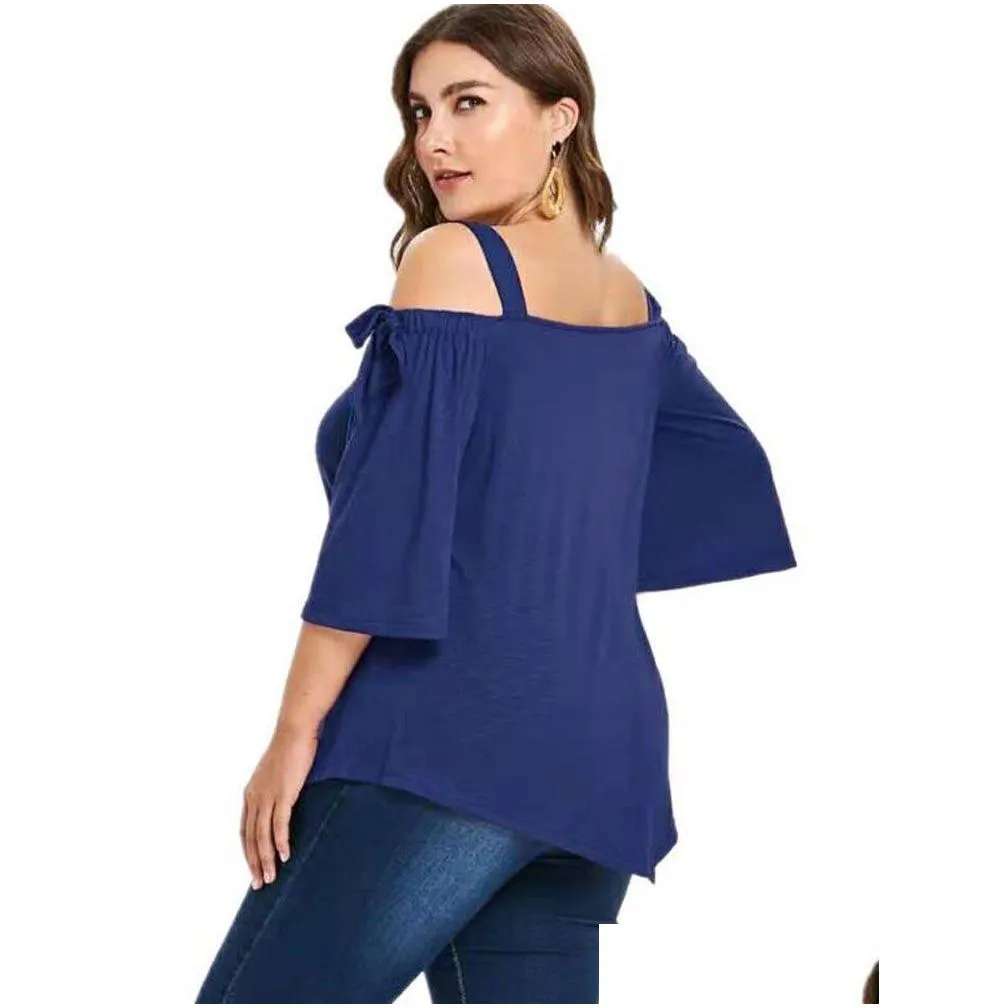 elegant and Youth Women`s Black Summer Blouses Casual Plus Size Spaghetti Strap Bare Shoulder T Shirts with Bow Cott Plus Size h3VJ#