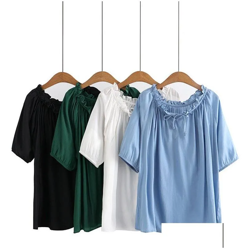 plus Size Blouses Women 2023 Summer Lace-Up Boat Neck Solid Color Tees Short Sleeve Tops Oversized Curve Clothes A70u#