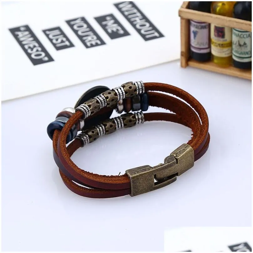 12 constellation genuine leather bracelets for women men vintage brown weave punk zodiac sign bead handmade charm bangle jewelry