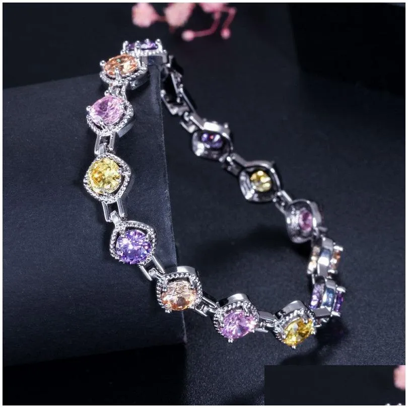 Charm Bracelets Bracelet Designer Mticolor Aaa Cubic Zirconia White Ruby Purple Green Emerald Copper Crysatal Sier Bangles Jewelry F Dhutx