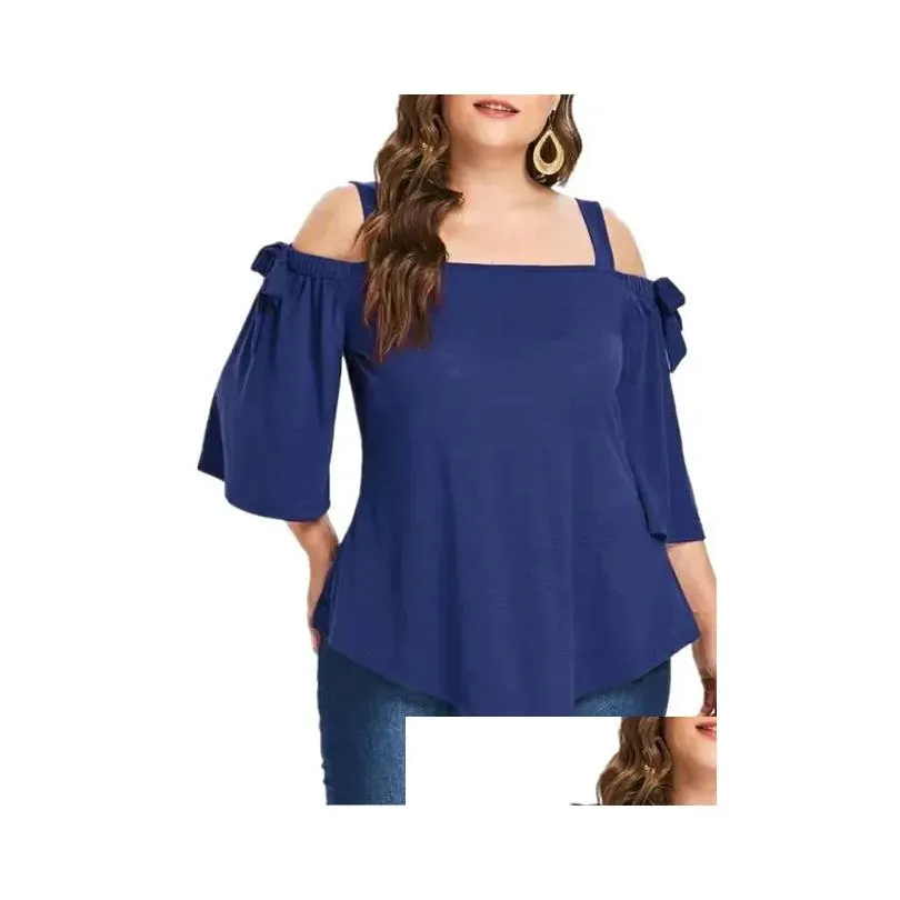 elegant and Youth Women`s Black Summer Blouses Casual Plus Size Spaghetti Strap Bare Shoulder T Shirts with Bow Cott Plus Size h3VJ#