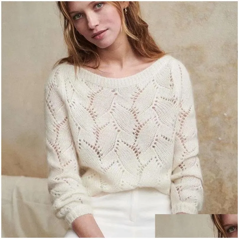 KHALEE YOSE White Chic Mohair Pullover Sweater Autumn Long Sleeve Hollow Out Sweater O-neck Casual Pullovers Women Jumper 201221