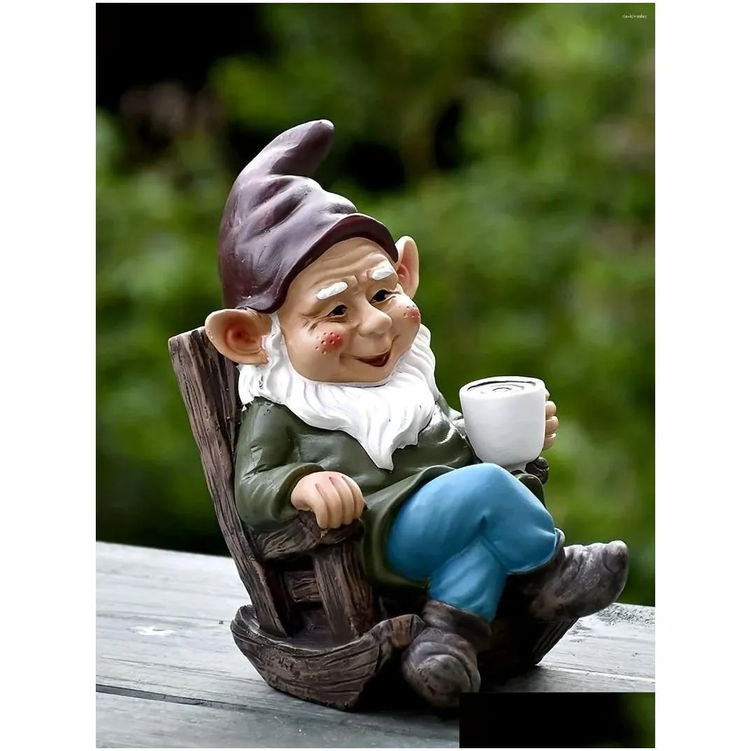 Garden Decorations 1pc Gnome Dwarf Rocking Chair Ornament Resin Outdoor Decoration Patio Leisurely Drinking Tea Lazy