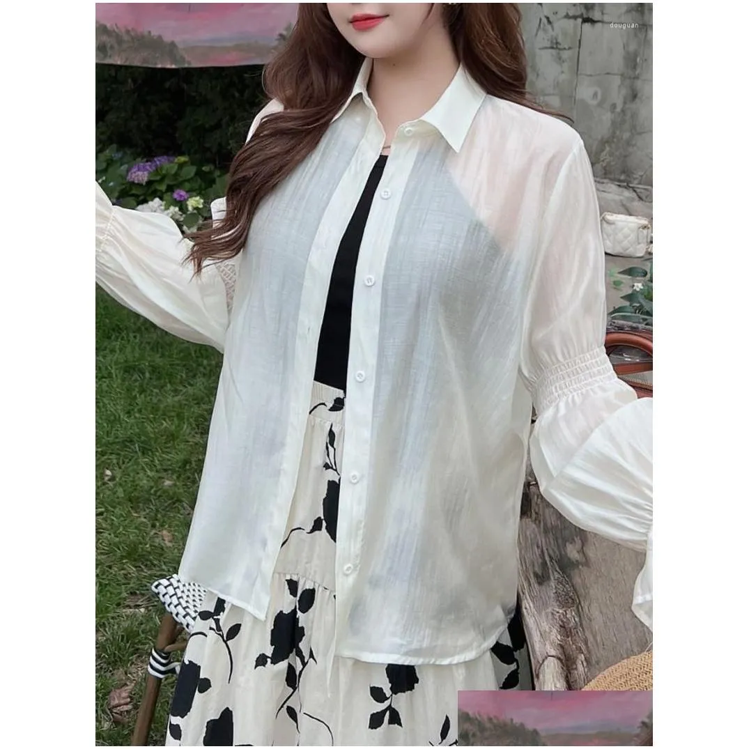 Women`s Blouses & Shirts Women Sun Protection Clothing Elegant Fashion Black White Fold Full Sleeve Lyocell Thin Tops Summer