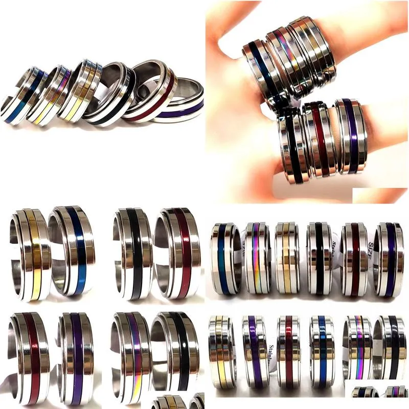 Band Rings Wholesale 36Pcs/Lot Stainless Steel Spinner Ring 8Mm Top Color Mix Men Women Rotating Spin Mens Fashion Jewelry Drop Deliv Dh310