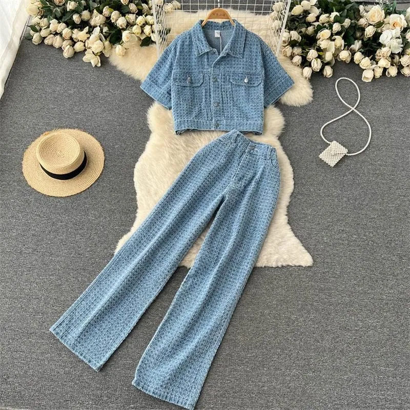 Women`s Two Piece Pants Denim Suit Female Fashion Short Lapel Top Retro Casual High Waist Wide Leg Trousers Set Vintage Slim Jeans Outfit