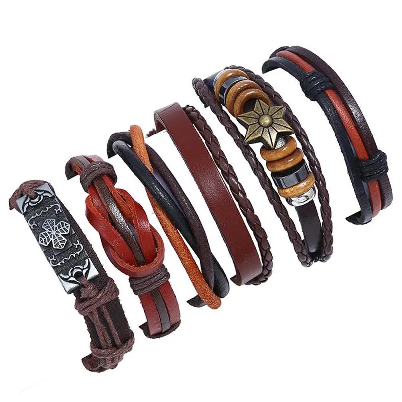 6pcs/lot punk braided bracelets multilayer genuine leather vintage charms diy fashion trend wrap jewelry wristband bangle for men women