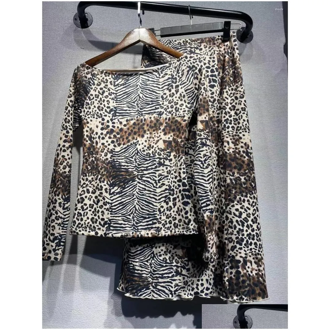 Work Dresses Women Leopard Printed Slim Set 2024 Autumn Ladies Long Sleeve O-Neck Tops Female High Waist Slit Hem Wrap Mid-Length Robe