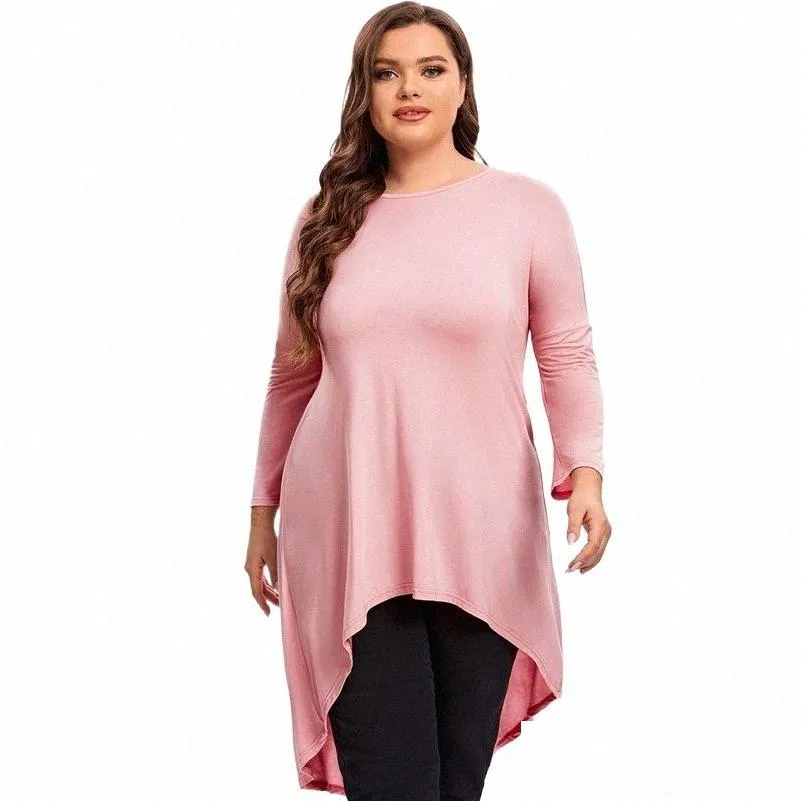 plus Size Lg Sleeve Elegant Tunic Blouse Women Lg Hi Low Fit Flare Spring Autumn Swing Tops T Shirt Large Size Clothing 7XL M45H#