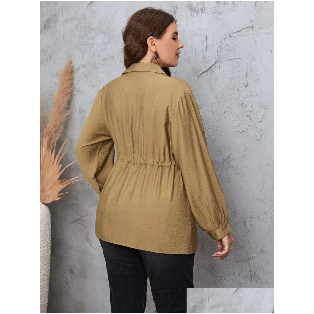 causal Shirt for Women Turn Down Collar Lg Sleeve Butt Up High Elastic Waist Tops 2023 Office Lady Plus Size Blouses o5If#