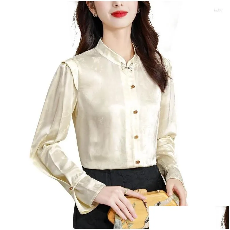 Women`s Blouses Satin Chinese Style Shirt Flower Vintage Silk Fashion Clothing Loose Long Sleeves Women Tops YCMYUNYAN