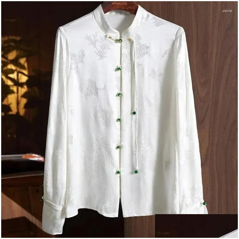 Women`s Blouses YCMYUNYAN-Satin Shirts For Women Silk Chinese Style Loose Long Sleeves Floral Tops Fashion Clothing Spring Summer