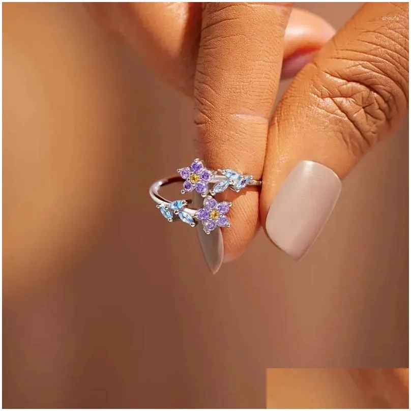 Cluster Rings Exquisite Flower Leaf For Women Cute Romantic Zircon Jewelry Fashion European American 925 Silver Ring Girl Gift KOFSAC