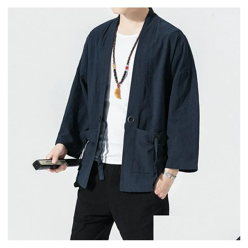 2019 Summer Harajuku Men Sun Protection Clothing Kimono Casual Jackets Male Open Stitch Solid Chinese Style Mens Jacket