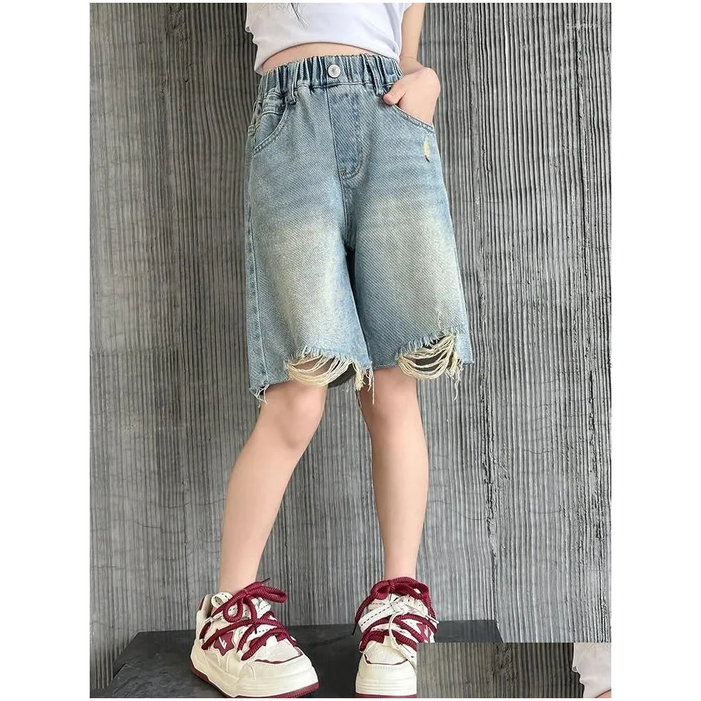 Shorts Teenage Girls Summer Fashion Elastic Waist Cotton School Denim Knee-Length Pants Kids 4 6 8 10 11 12 13 14 Year