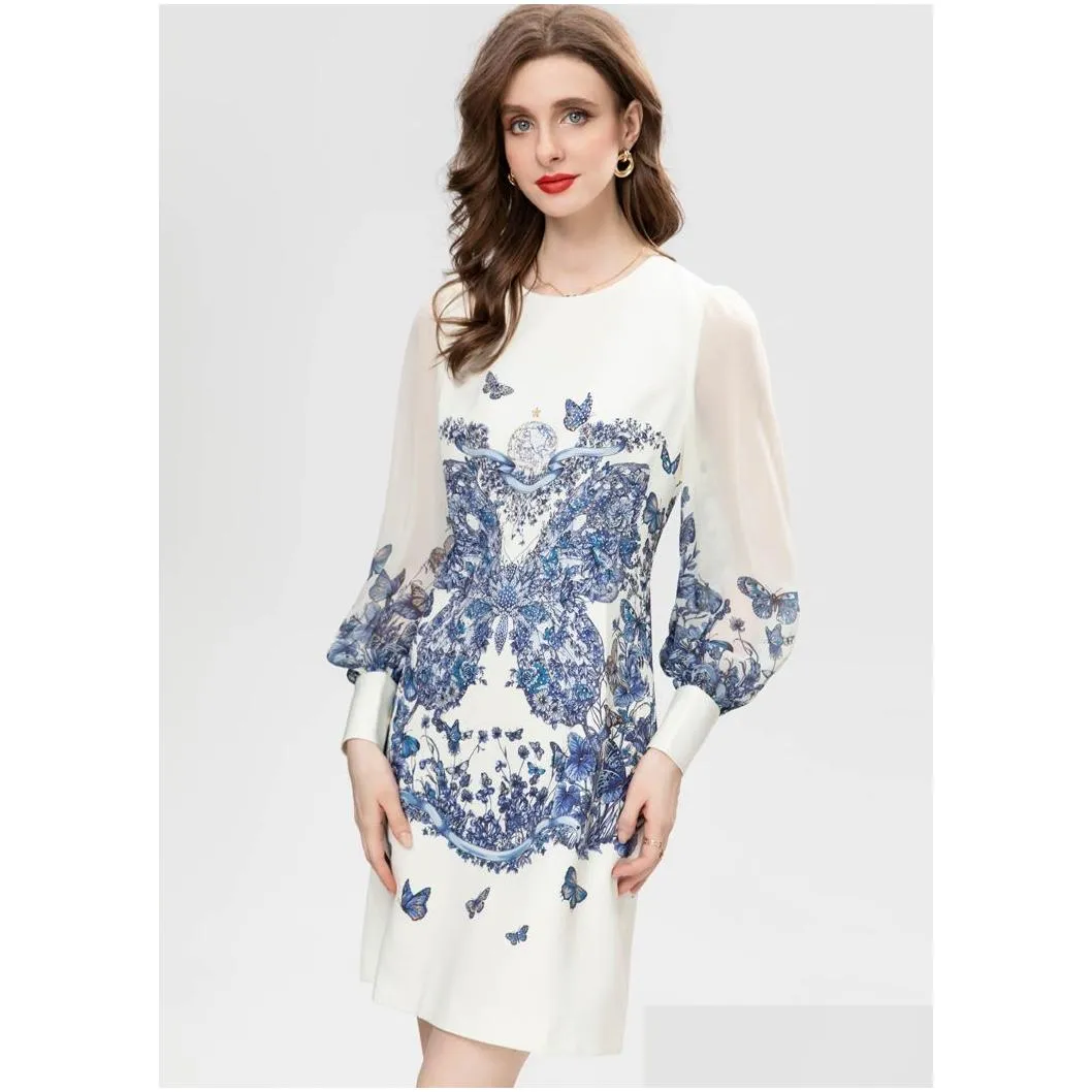 Women`s Runway Dresses O Neck Long Lantern Sleeves Beaded Butterflies Fashion Casual Designer Short Vestidos