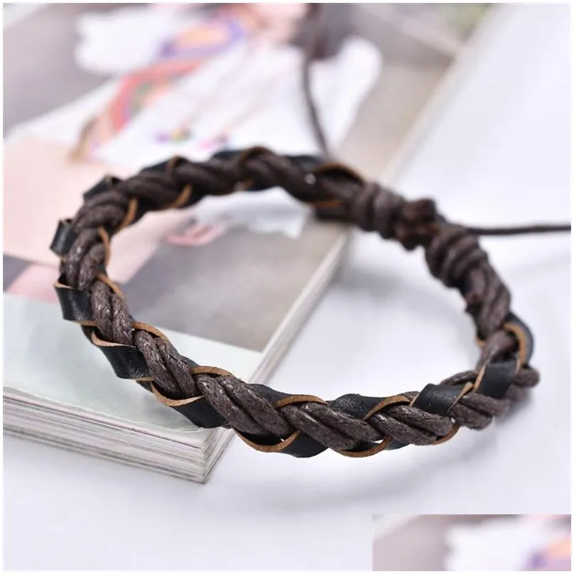 handmade braided bangle bracelets chains wax rope genuine leather woven bracelet for women black brown fashion trend men punk jewelry