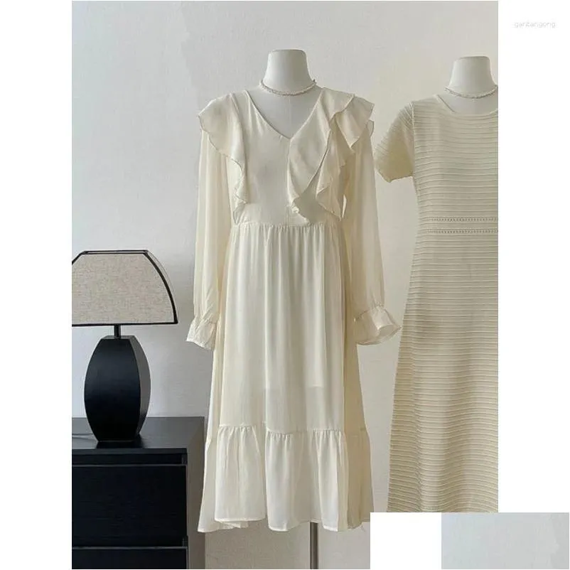 Casual Dresses 2024 Women`s Dress French Style Elegant Temperament Chiffon A-Line Ruffles V-Neck Mid-Length Princess Petal Sleeve
