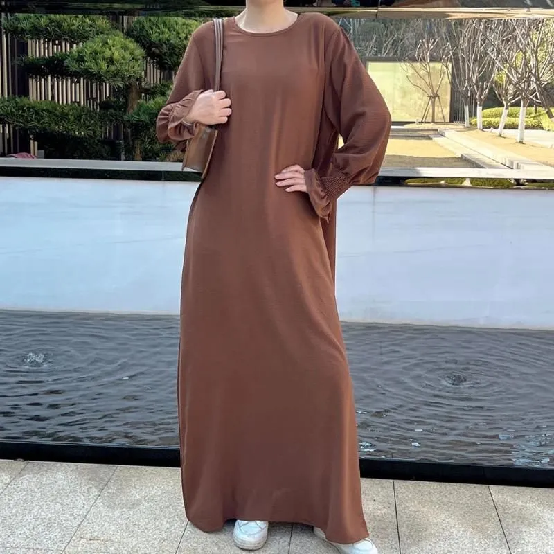 Ethnic Clothing Under Abaya Inner Long Slip Dress Solid Color Smocked Cuffs Islamic Muslim Woman Casual Dubai Turk Modest Hijabi Robe