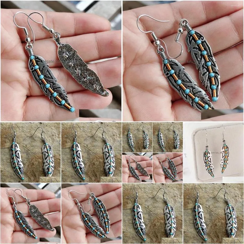 hoop earrings vintage court turquoise feather 2022 products plated with thai silver color separation accessories jewelry