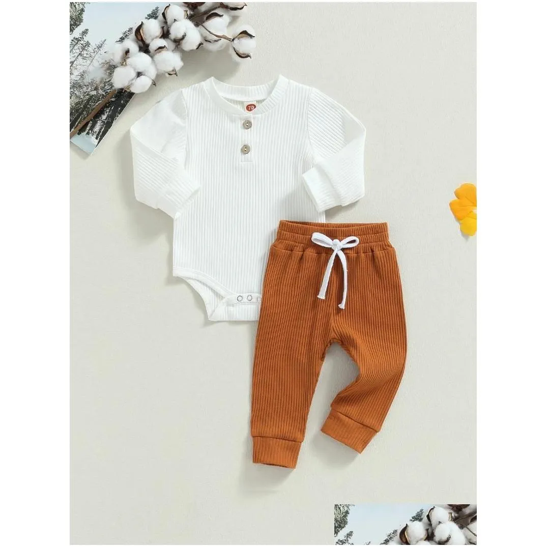 Clothing Sets Born Baby Girl Boy Clothes Set Cozy Knitted Ribbed Long Sleeve Romper With Elastic Drawstring Pants 2PCS Fall Winter