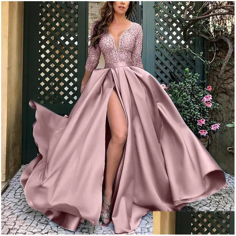 Basic & Casual Dresses 2023 Women Elegant Party Wedding Long Lady Chic Satin Y V-Neck Skirt Tail Solid Color Evening Drop Delivery Ap Dhevc