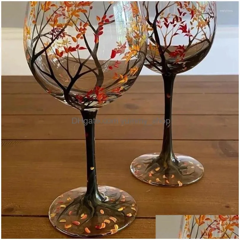 Wine Glasses Four Seasons Trees Goblet Creative Printed Round Glass Cup For Beer Cocktail Large Capacity Gift Drop Delivery Home Gar Dh9Oi