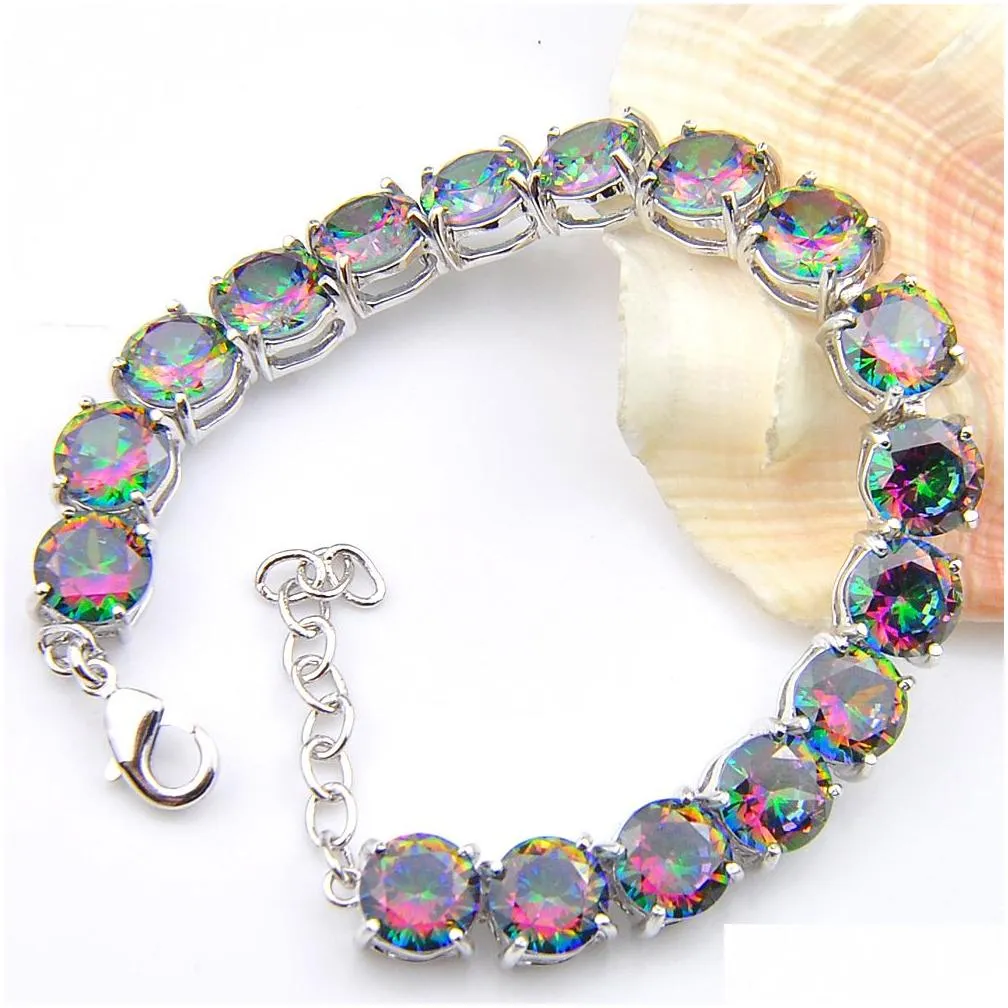 Whole - 925 Sterling Silver Handmade Multi Genuine Round Frie Rainbow Mystic Topaz Lady Chain Bracelets243e