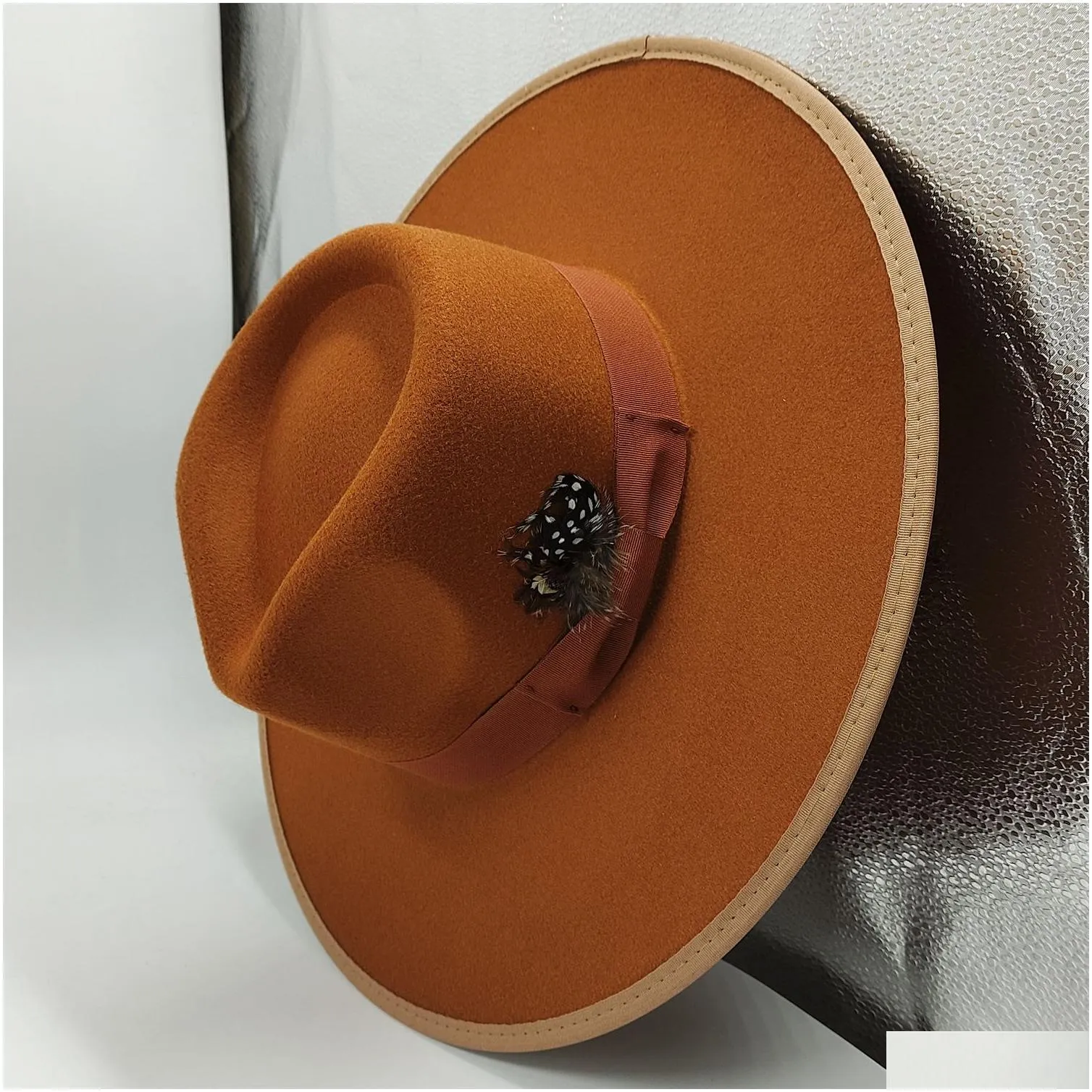 Wide Brim Hats New Contrasting Color Large Cashmere Top Hat Feather Accessories Woolen Soft British Autumn And Winter 231202 Drop Deli Dhemp
