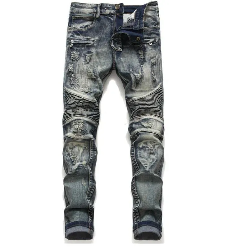 Mens Classic Biker Jeans Male Slim Straight Knee Drape Panel Moto Biker Jeans Destroyed Ripped Stretch Hip Hop Trousers #1806