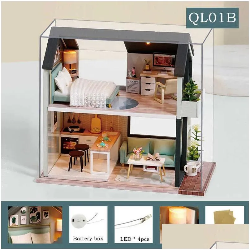 Doll House Accessories Cutebee Diy Dollhouse Kit Wooden Houses Miniature Furniture With Led Toys For Children Christmas Gift Ql02 2109 Dhrzp