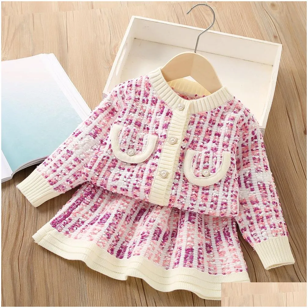 Girls` Long Sleeve Knitting Suit 2023 Autumn New Children Sweater Cardigan Sweater Top + Skirt Two Piece Set Kids Clothing