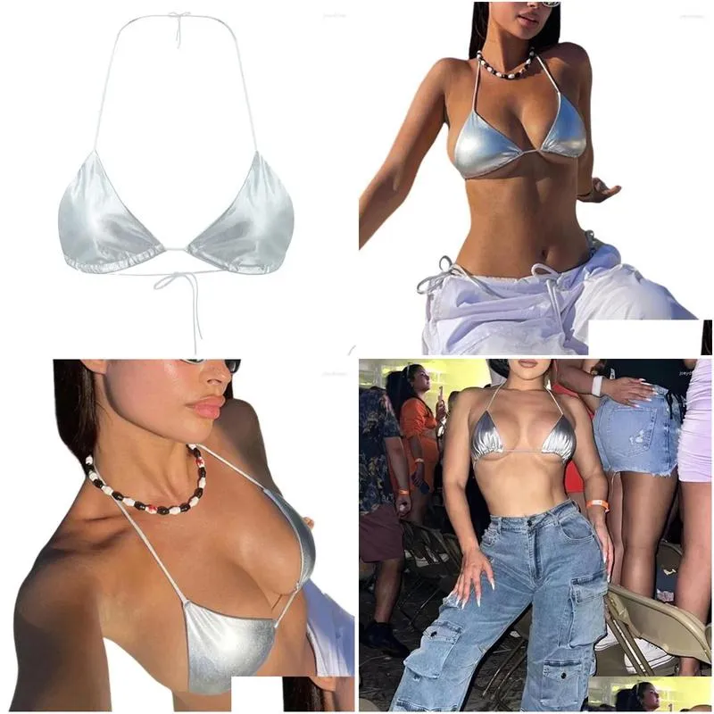 Women`s Tanks Womens Metallic Silver Halter Tie Backless Bra Sexy Cup Sleeveless Crop Tops Bandeau Vest