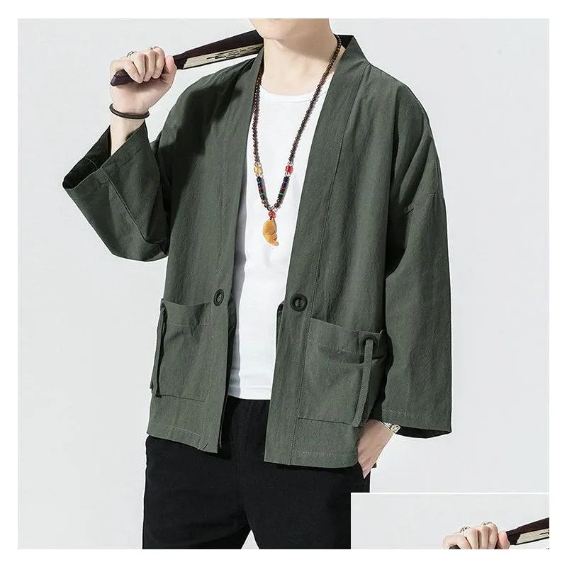 2019 Summer Harajuku Men Sun Protection Clothing Kimono Casual Jackets Male Open Stitch Solid Chinese Style Mens Jacket