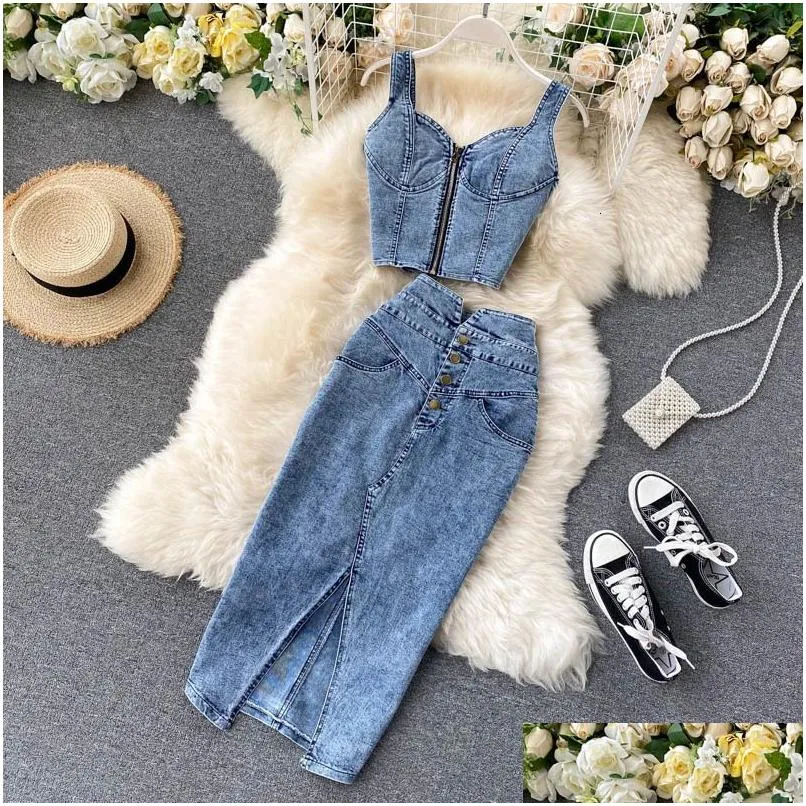 Two Piece Dress Amolapha Women Jeans VestSkirts Sets Straps Tops Buttons Denim Skirt Suits for Woman 230705