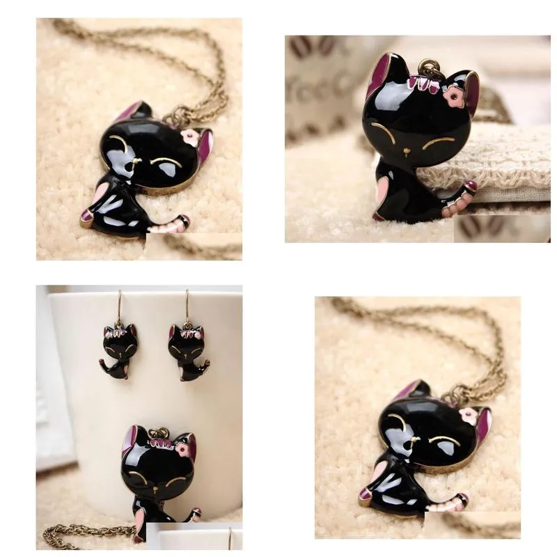 pretty cat pendant necklace enamel jewelry maxi statement necklaces for women girl animal gift long chain necklace