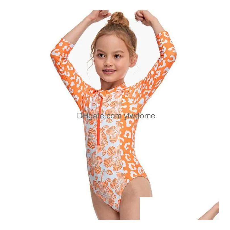 One-Pieces One Pieces Toddler Girls One-Piece Swimsuit Infant Flower Leopard Print Long Sleeve Neck Front Zipper Swimwear Monikini Bea Dhbza