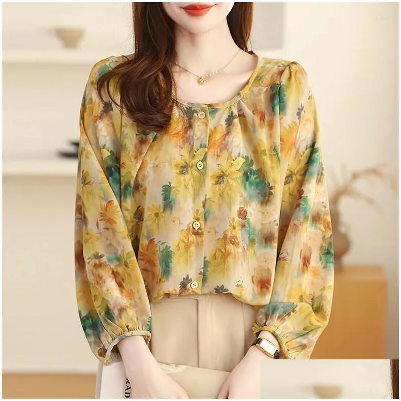 Women`s Blouses Printed Chiffon Blouse 2024 Summer Female Clothing O-neck Loose Oversized Shirt OL Vintage Nine Quarter Shirts Women